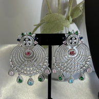 Multicolor CZ Chandbali Earrings Silver Tone Pakistani Indian Jewelry