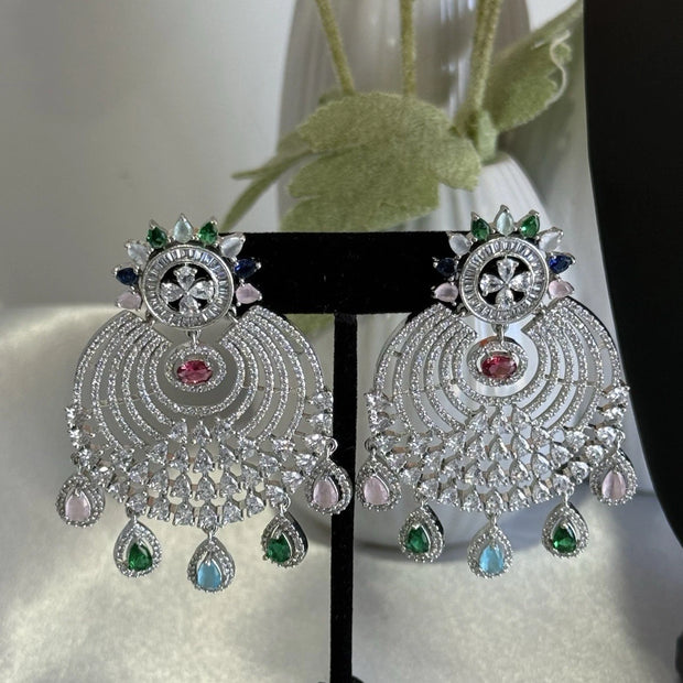 Multicolor CZ Chandbali Earrings Silver Tone Pakistani Indian Jewelry
