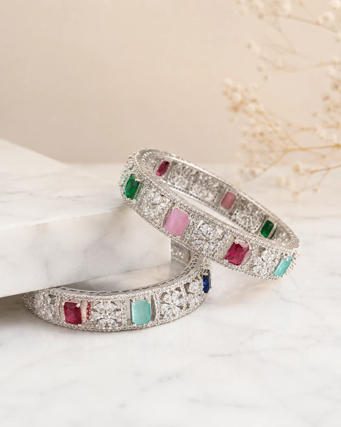 Multicolor CZ Silver Tone Bangle Bracelet Set of 2 Indian Pakistani Jewelry 2.10