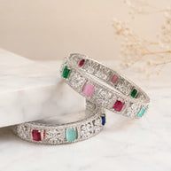 Multicolor CZ Silver Tone Bangle Bracelet Set of 2 Indian Pakistani Jewelry 2.10