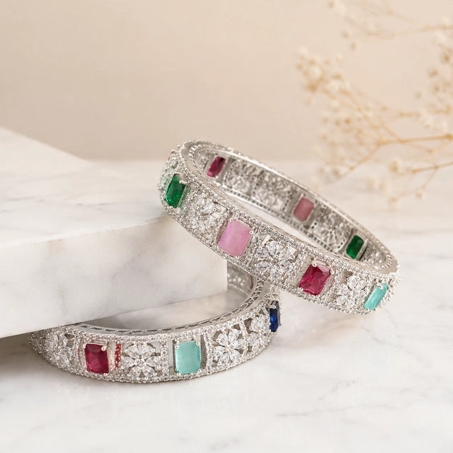 Multicolor CZ Silver Tone Bangle Bracelet Set of 2 Indian Pakistani Jewelry 2.10