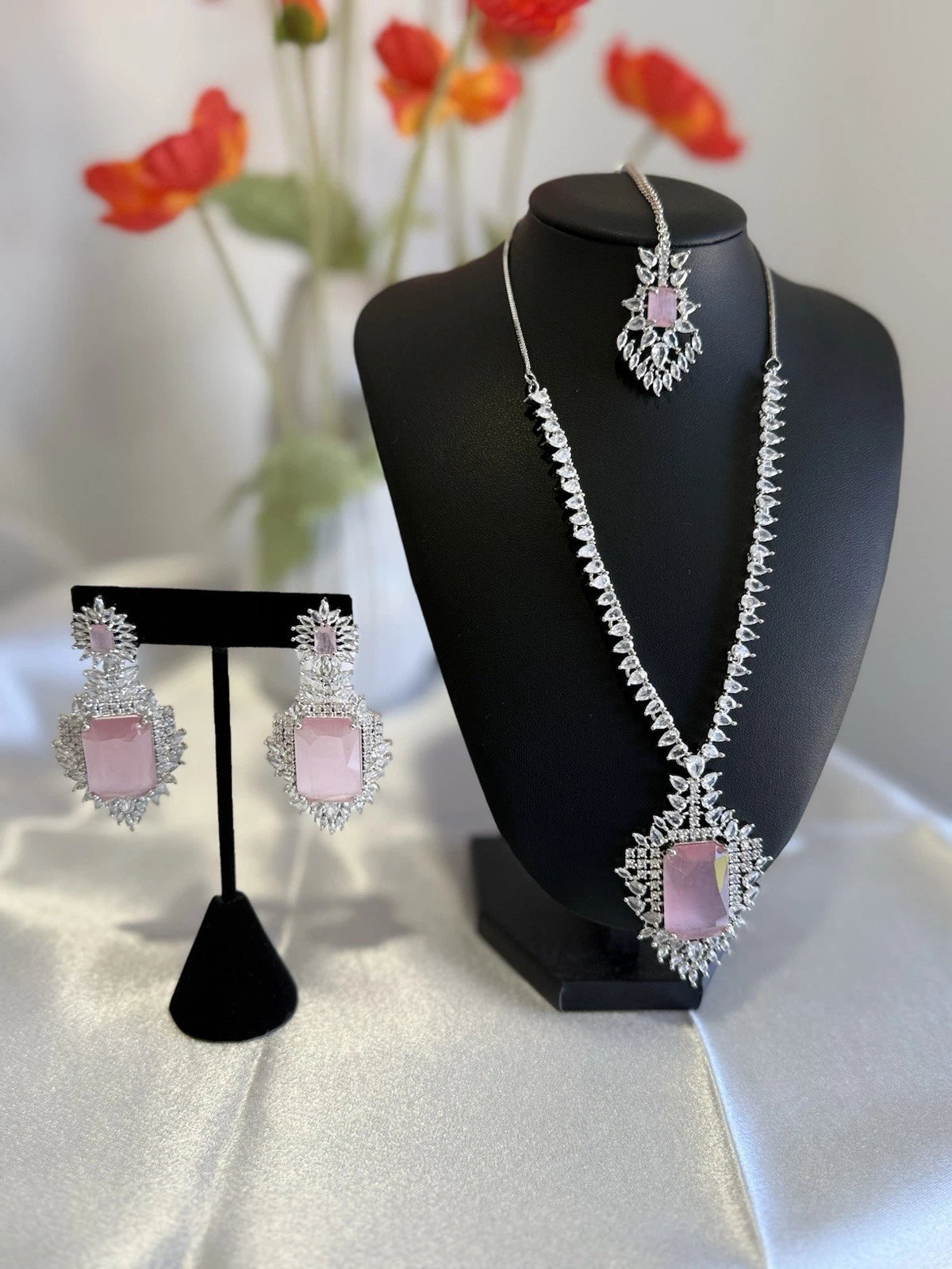 Pink CZ Necklace Earrings Tikka Set Silver Tone Pakistani Indian Jewelry