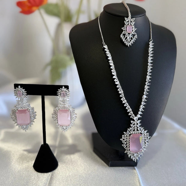 Pink CZ Necklace Earrings Tikka Set Silver Tone Pakistani Indian Jewelry