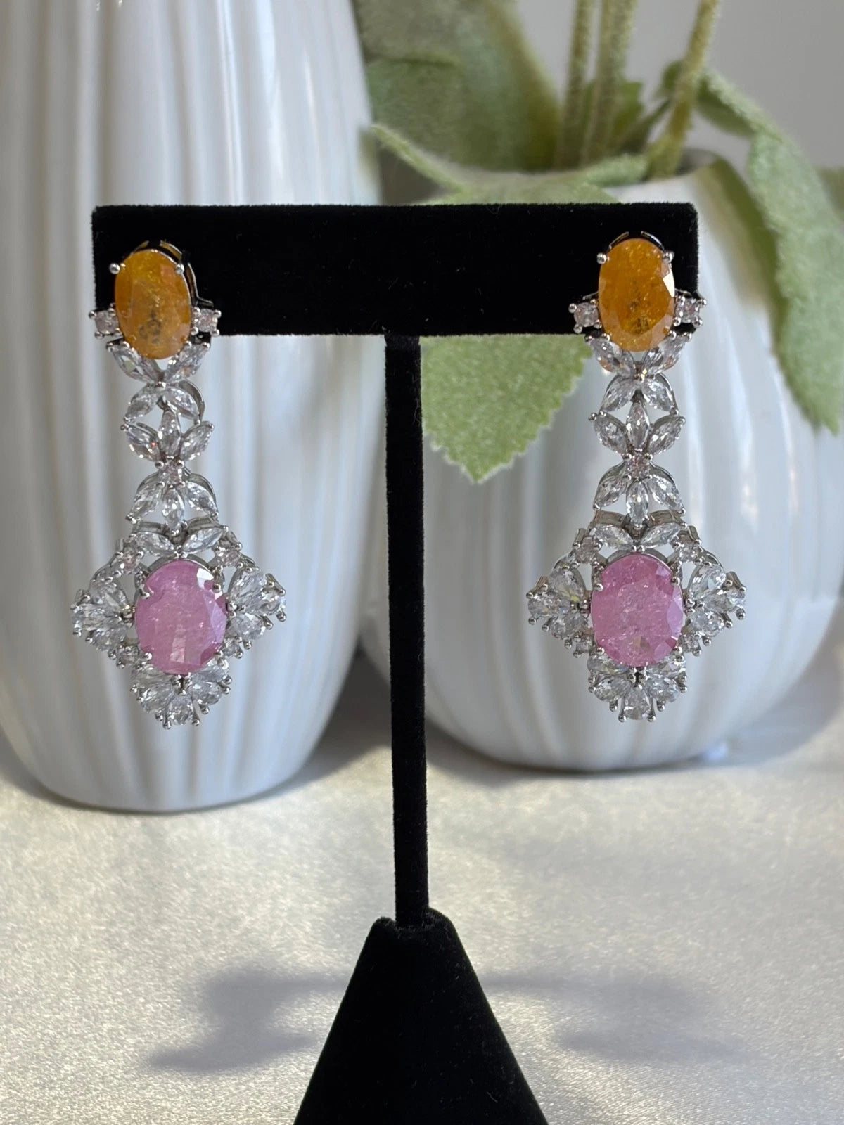 Yellow Pink CZ Silver Tone Drop Earrings Pakistani Indian Statement Jewelry