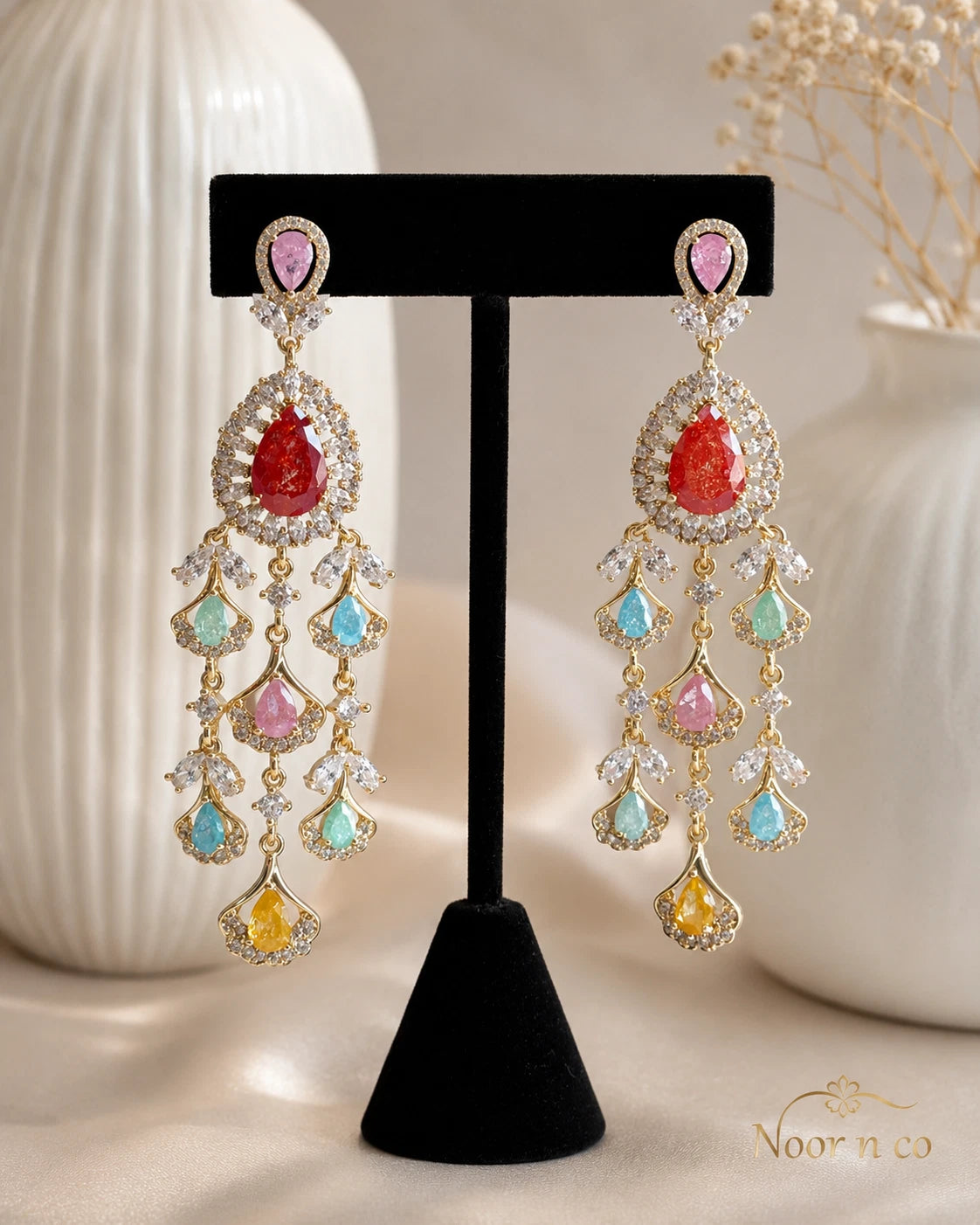 Multicolor CZ Gold Tone Chandelier Earrings Pakistani Indian Bridal Jewelry