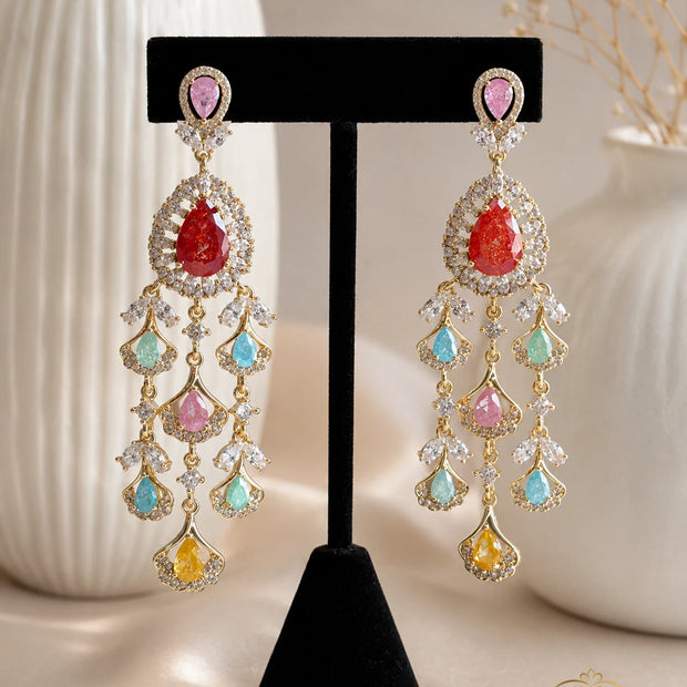 Multicolor CZ Gold Tone Chandelier Earrings Pakistani Indian Bridal Jewelry