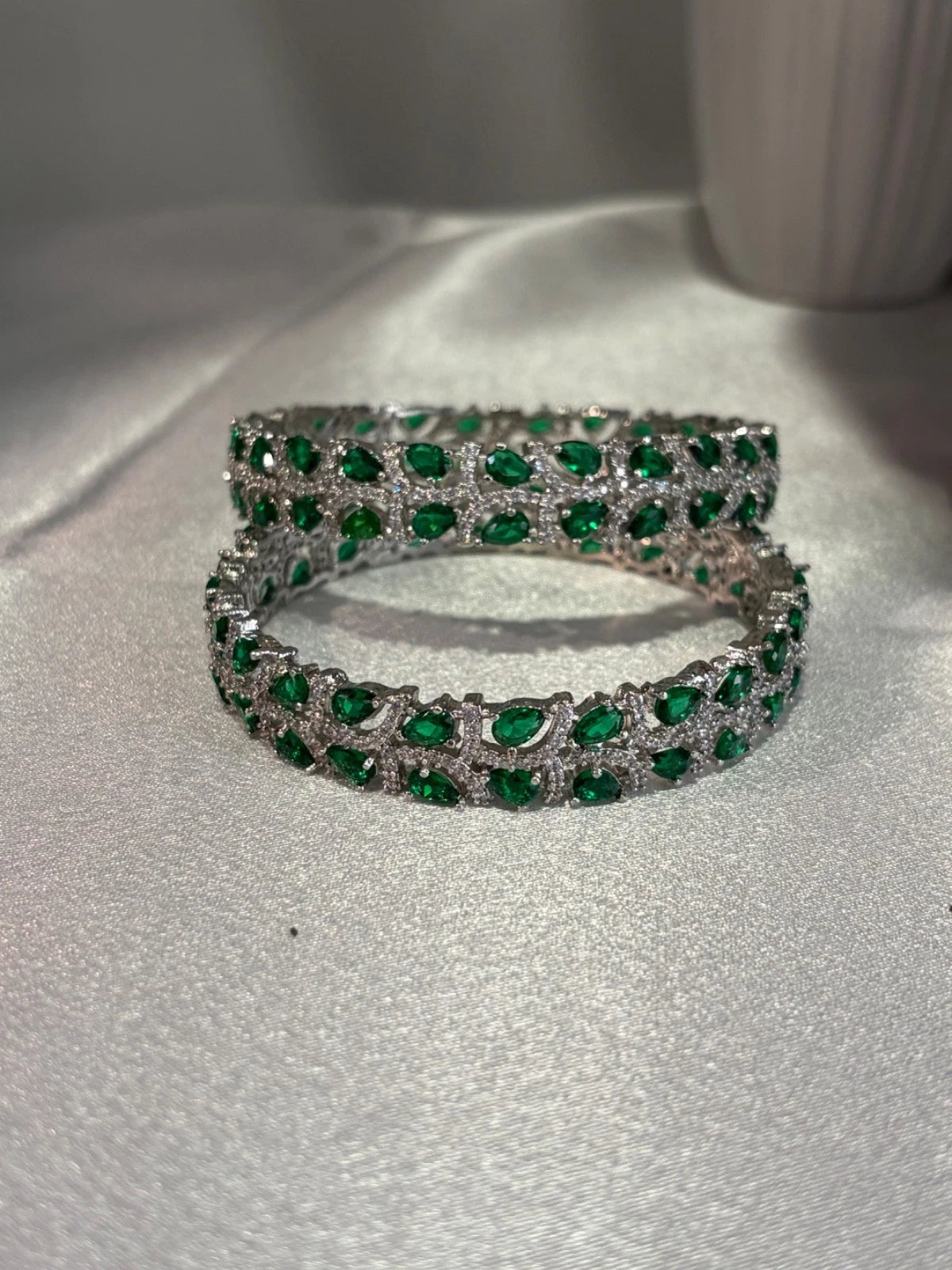Emerald Green Silver Tone CZ Bangle Set Indian Pakistani Bridal Jewelry