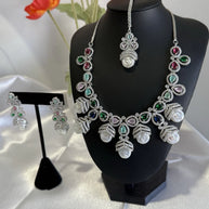 Multicolor CZ Pearl Necklace Earrings Tikka Set Silver Tone Jewelry