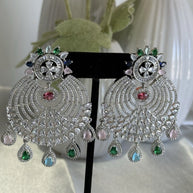 Multicolor CZ Chandbali Earrings Silver Tone Pakistani Indian Jewelry