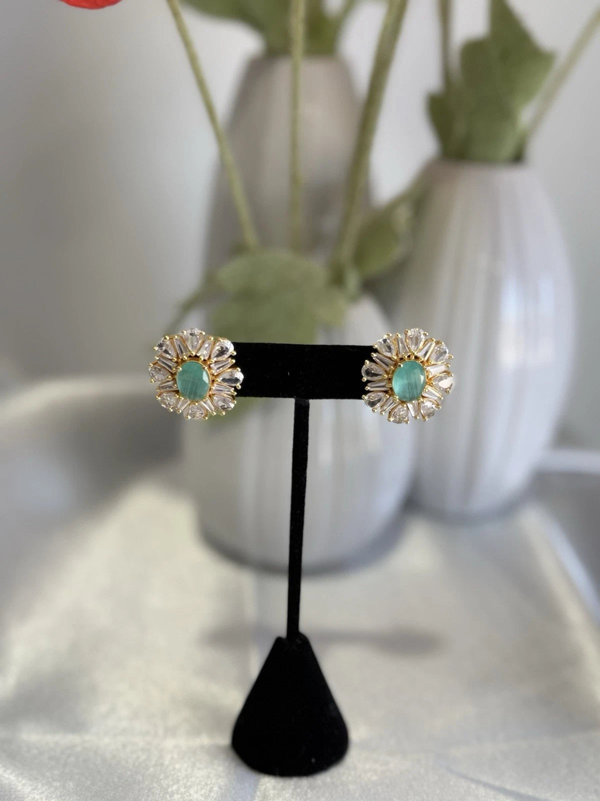Mint Green CZ Round Stud Earrings Gold Tone Party Jewelry