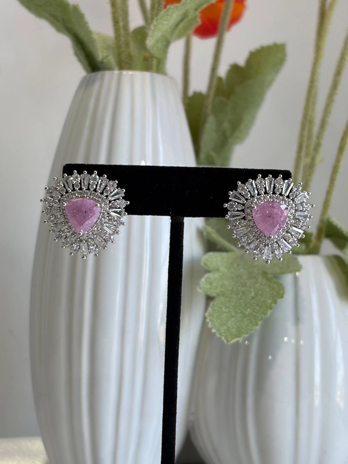 Pink & Green Stone Halo Stud Earrings Silver Tone CZ Statement Jewelry