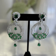 Emerald Green CZ Chandbali Earrings Silver Tone Pakistani Jewelry