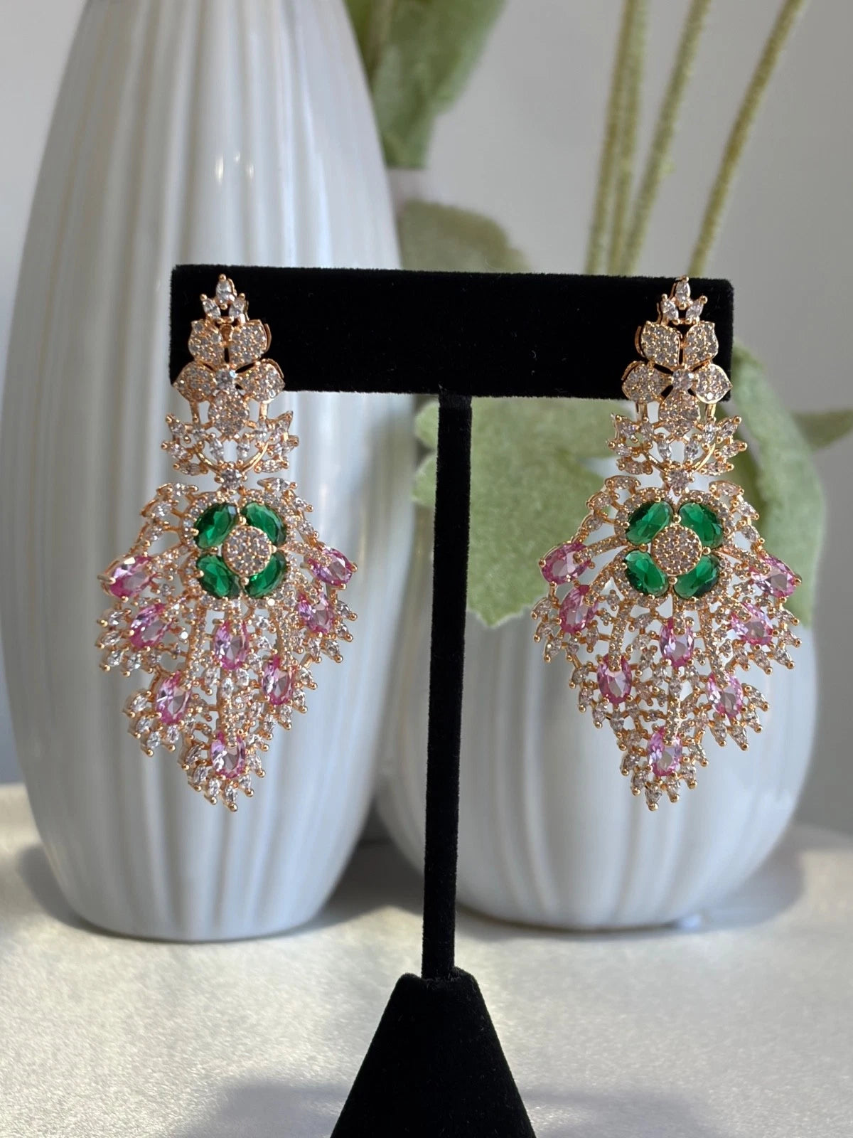 Green Pink CZ Gold Tone Chandelier Earrings Pakistani Indian Bridal Jewelry