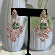 Green Pink CZ Gold Tone Chandelier Earrings Pakistani Indian Bridal Jewelry