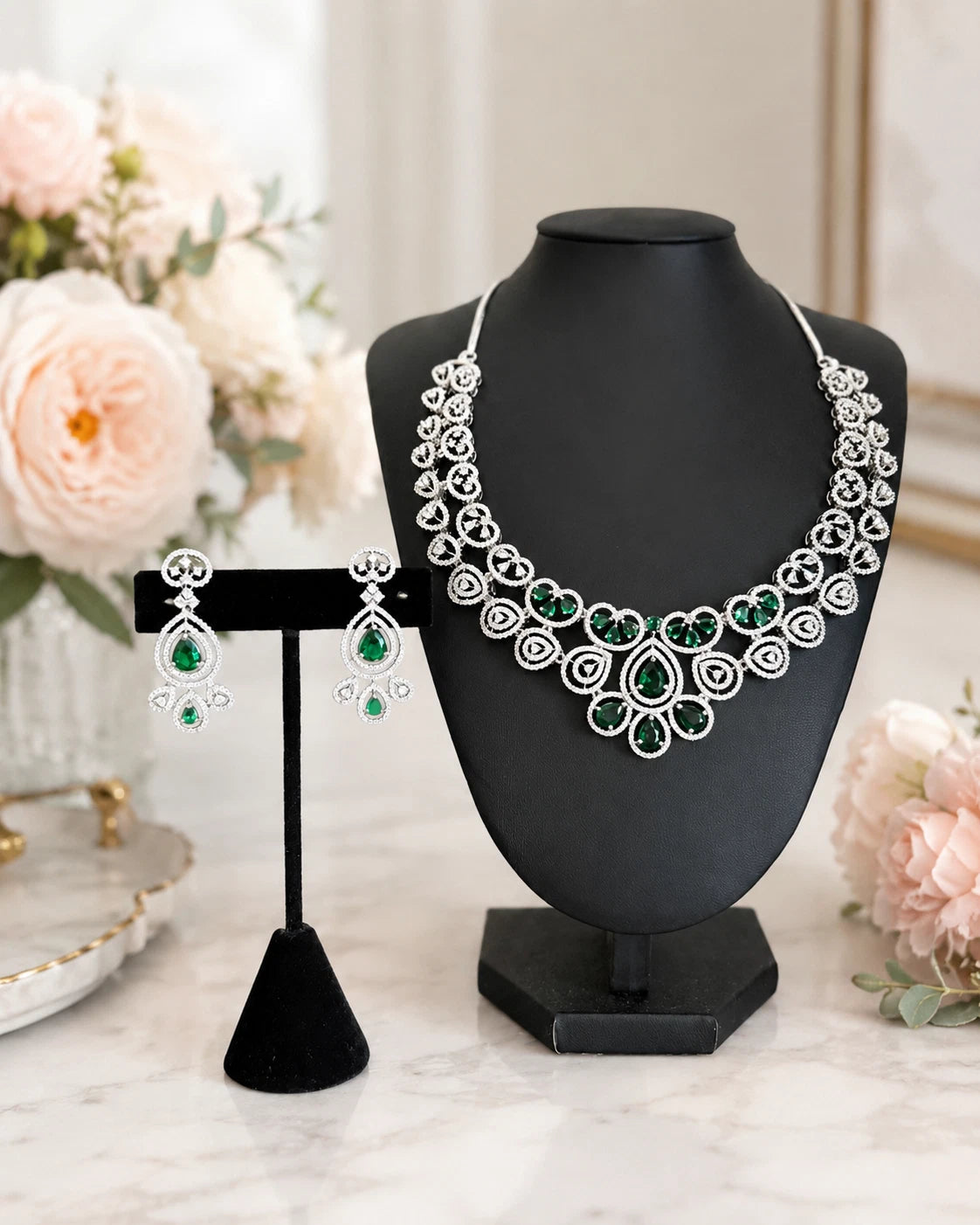 Emerald green and clear CZ-style necklace set