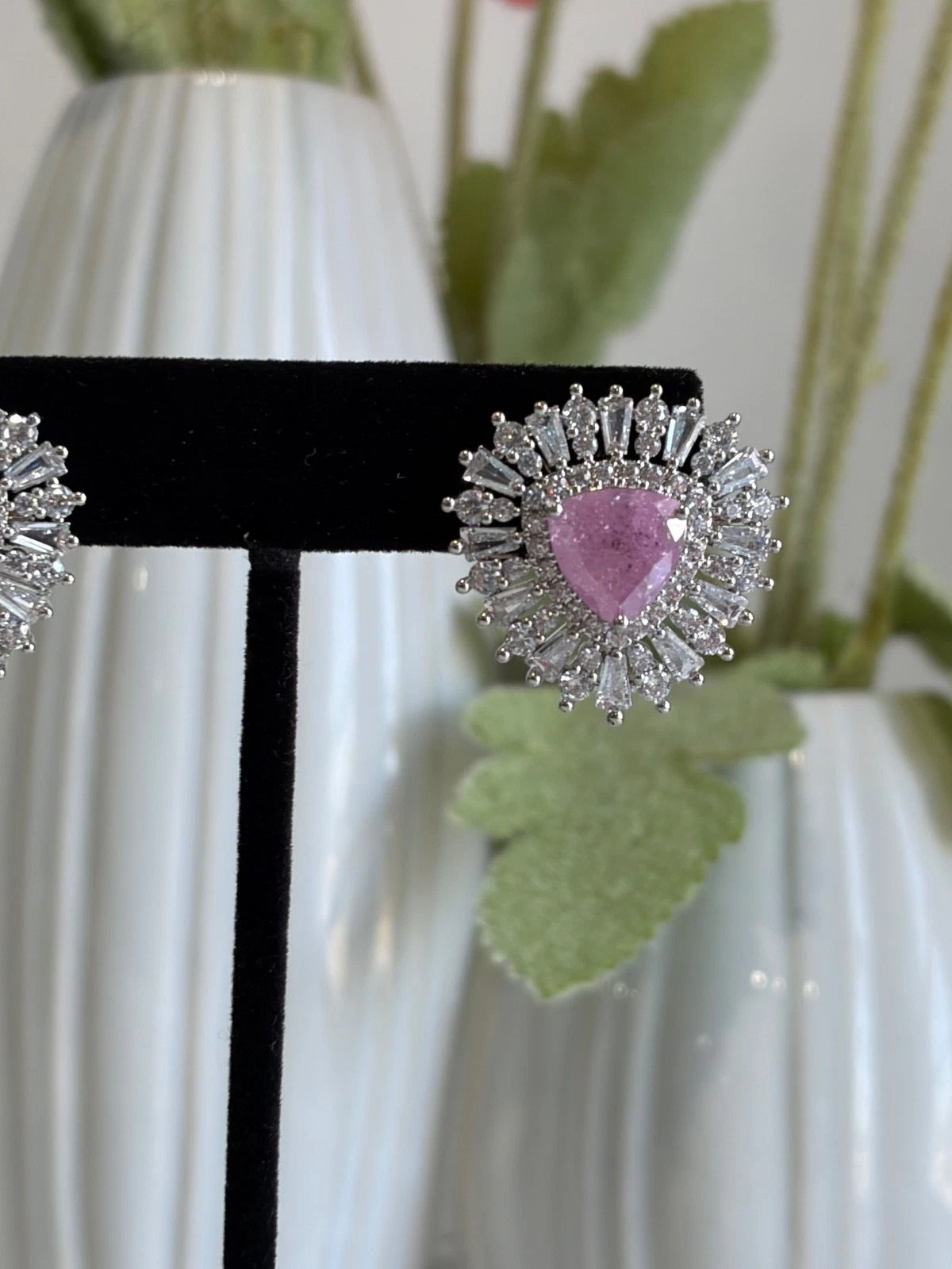 Pink & Green Stone Halo Stud Earrings Silver Tone CZ Statement Jewelry