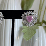Pink & Green Stone Halo Stud Earrings Silver Tone CZ Statement Jewelry