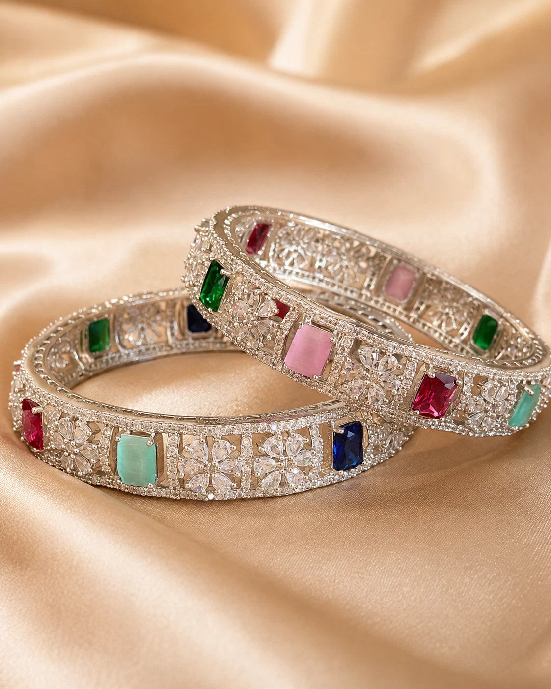 Multicolor CZ Silver Tone Bangle Bracelet Set of 2 Indian Pakistani Jewelry 2.10