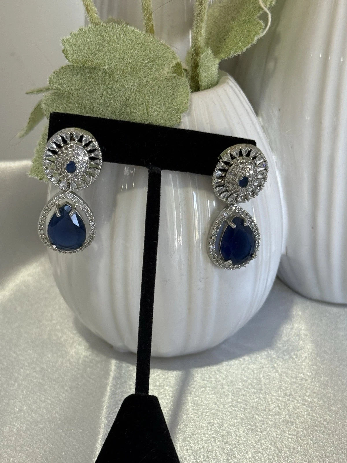 Sapphire Blue CZ Teardrop Earrings Silver Tone Party Jewelry