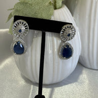 Sapphire Blue CZ Teardrop Earrings Silver Tone Party Jewelry