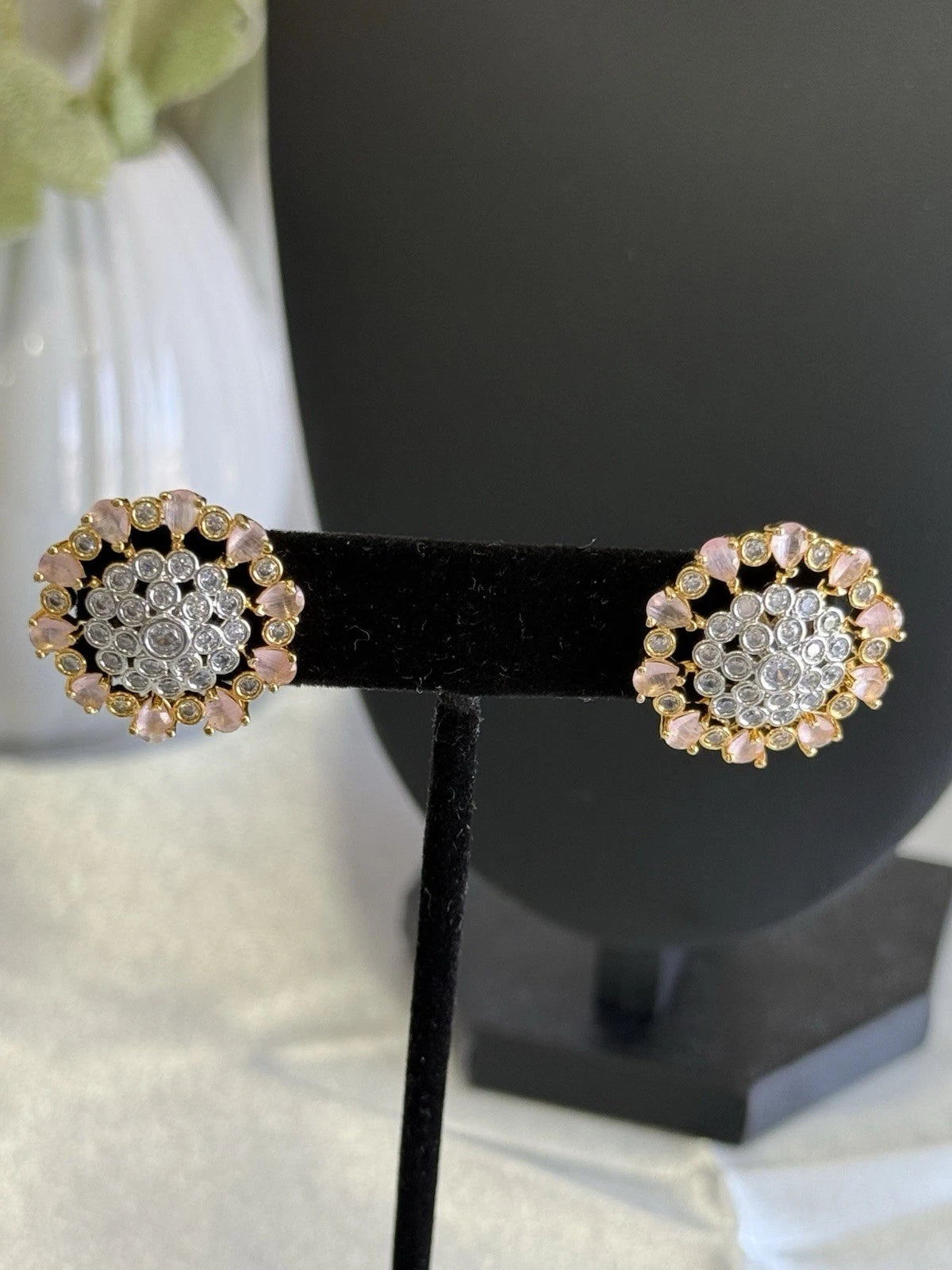 Baby Pink CZ Floral Stud Earrings Gold Tone Party Jewelry