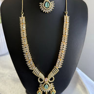Gold Tone Mint Pink CZ Necklace Earrings Tikka Pakistani Jewelry Set