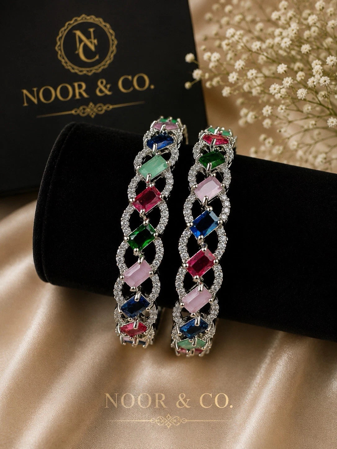 Celeste Multicolor Crystal Tennis Bangles – Premium Silver Finish (Pair)