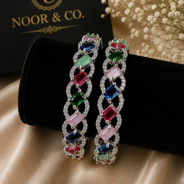 Celeste Multicolor Crystal Tennis Bangles – Premium Silver Finish (Pair)
