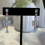 Aqua Blue Crystal Necklace & Earrings Set Rose Gold Tone Jewelry