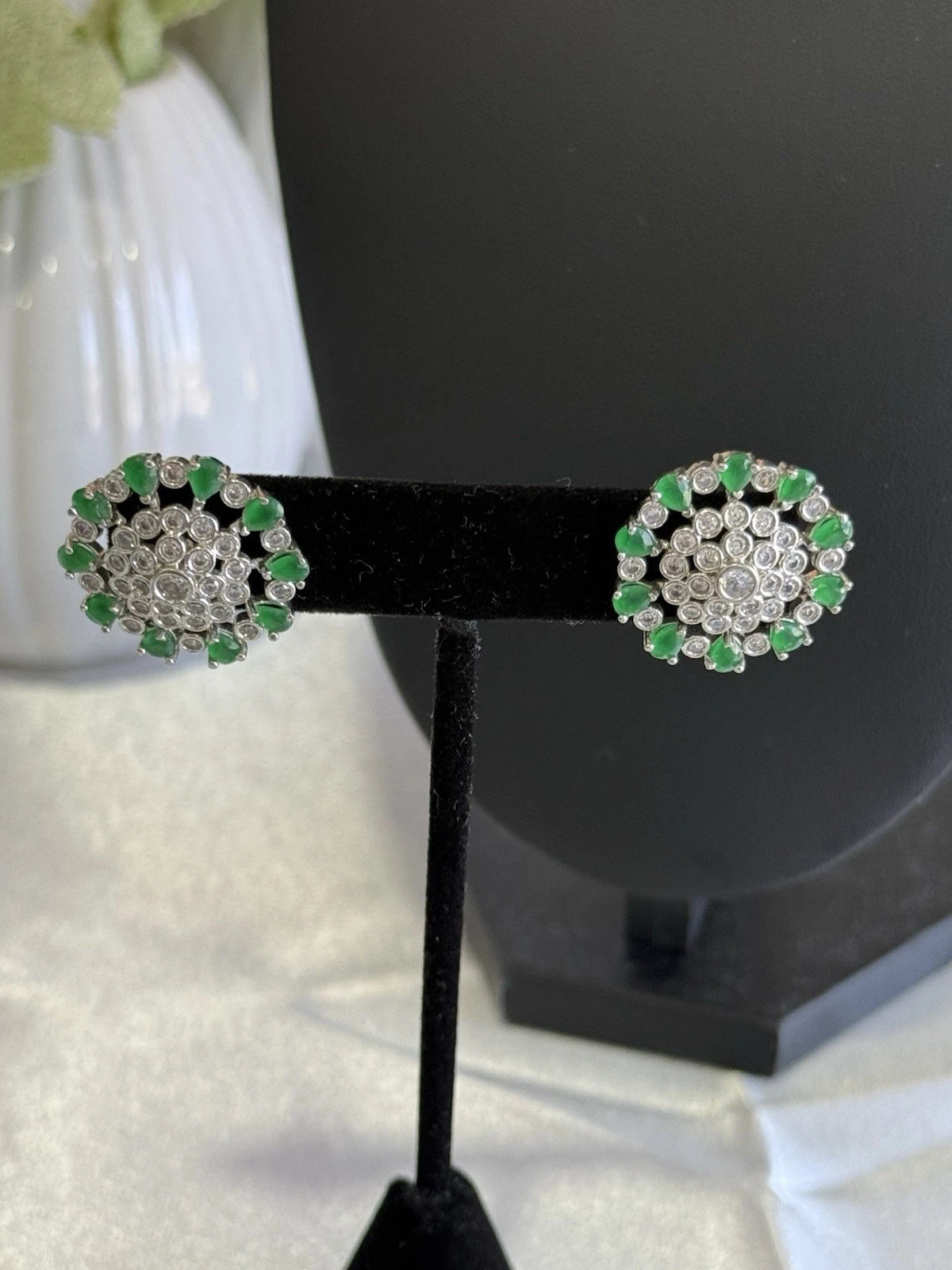Emerald Green CZ Floral Stud Earrings Silver Tone Party Jewelry