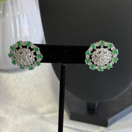Emerald Green CZ Floral Stud Earrings Silver Tone Party Jewelry