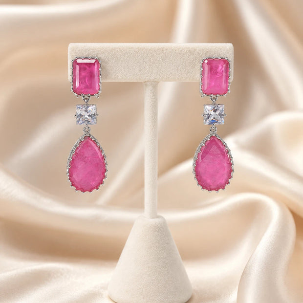 Pink CZ Silver Tone Drop Earrings Indian Pakistani Statement Jewelry