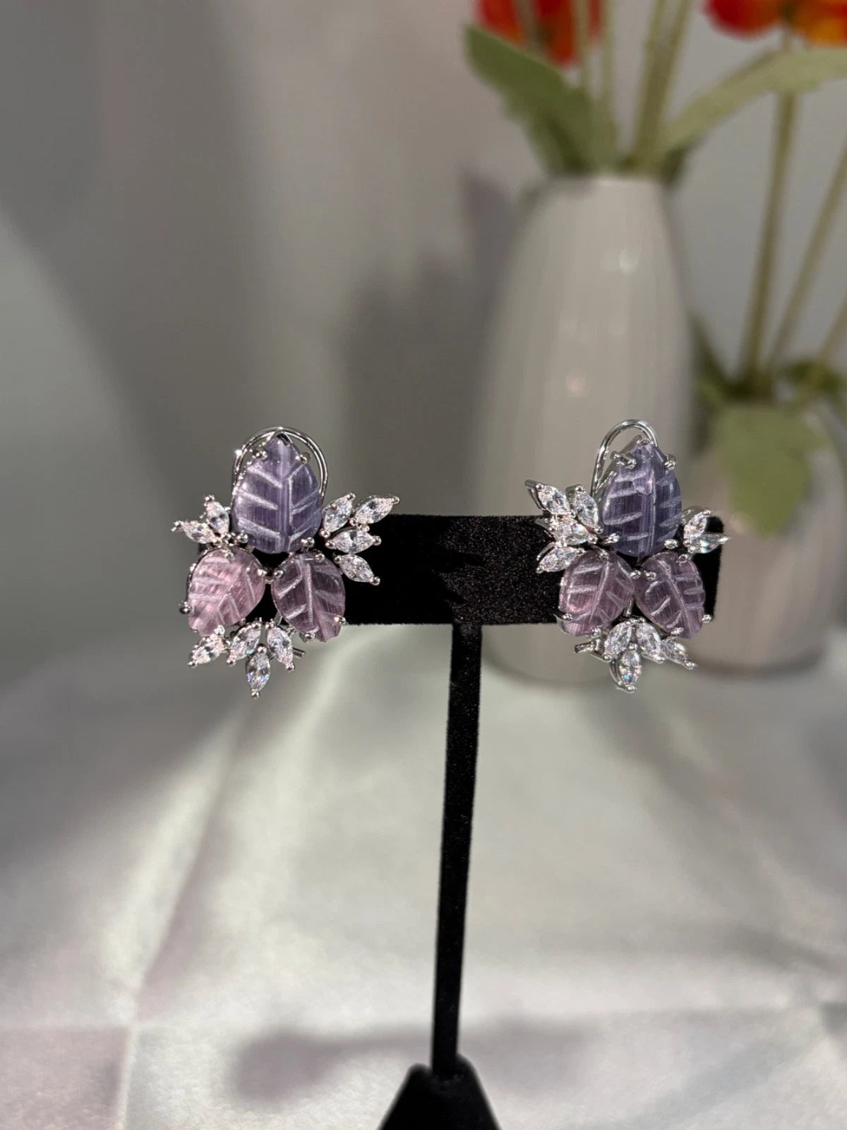 Lavender Pink Leaf CZ Stud Earrings Silver Tone Floral Statement Jewelry