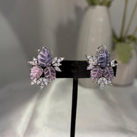 Lavender Pink Leaf CZ Stud Earrings Silver Tone Floral Statement Jewelry