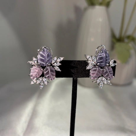Lavender Pink Leaf CZ Stud Earrings Silver Tone Floral Statement Jewelry