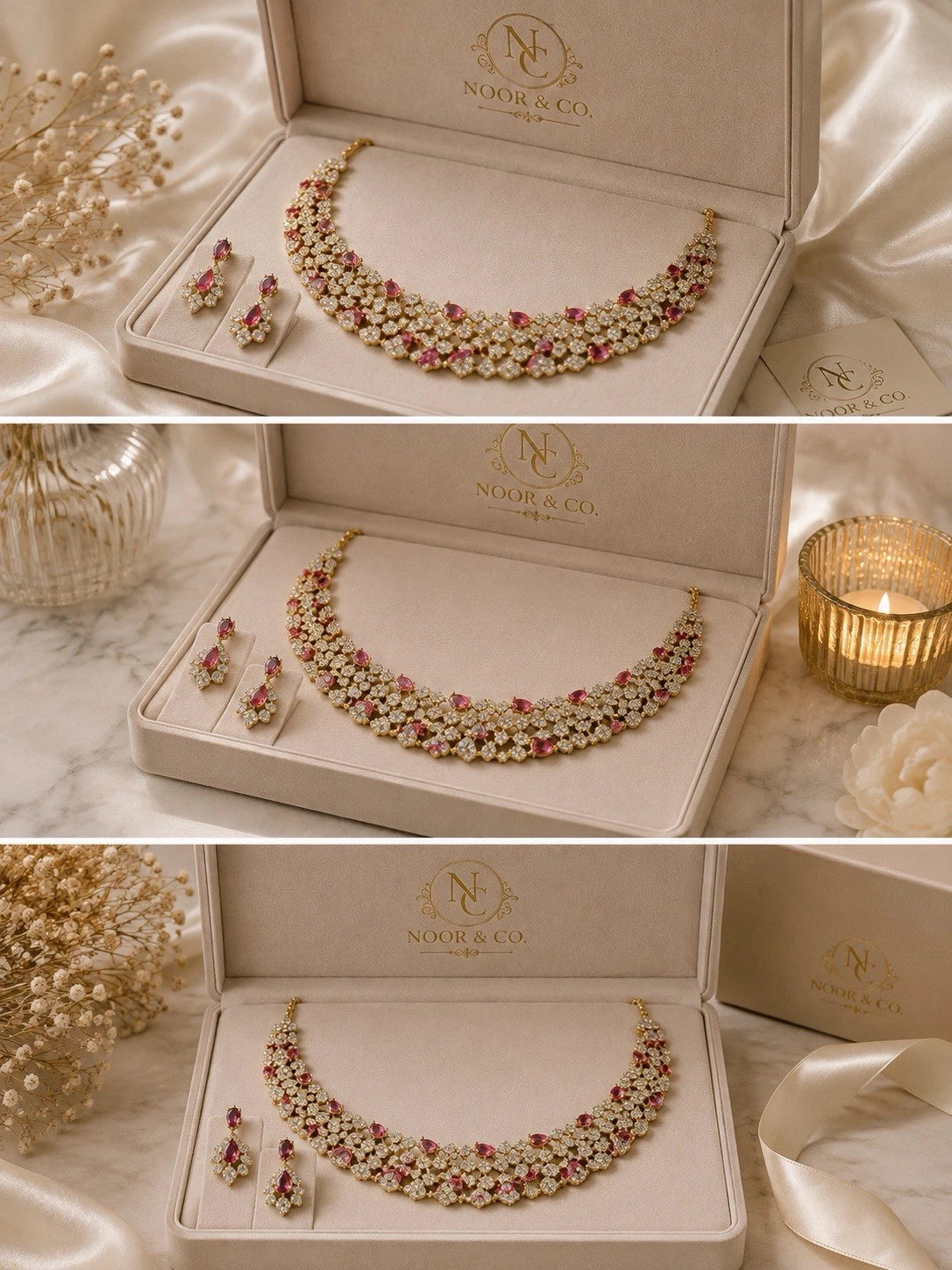 Ruby Radiance & Mint Garden American Diamond Necklace Set