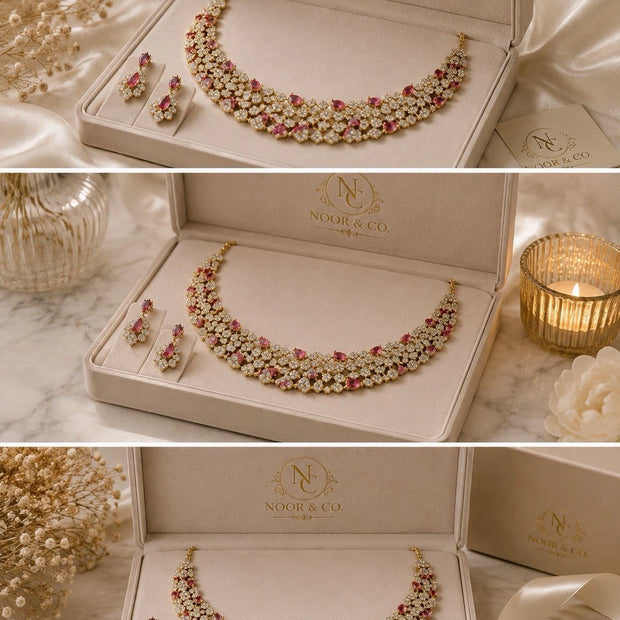 Ruby Radiance & Mint Garden American Diamond Necklace Set