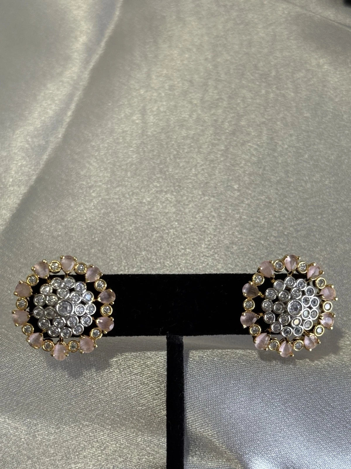 Baby Pink CZ Floral Stud Earrings Gold Tone Party Jewelry