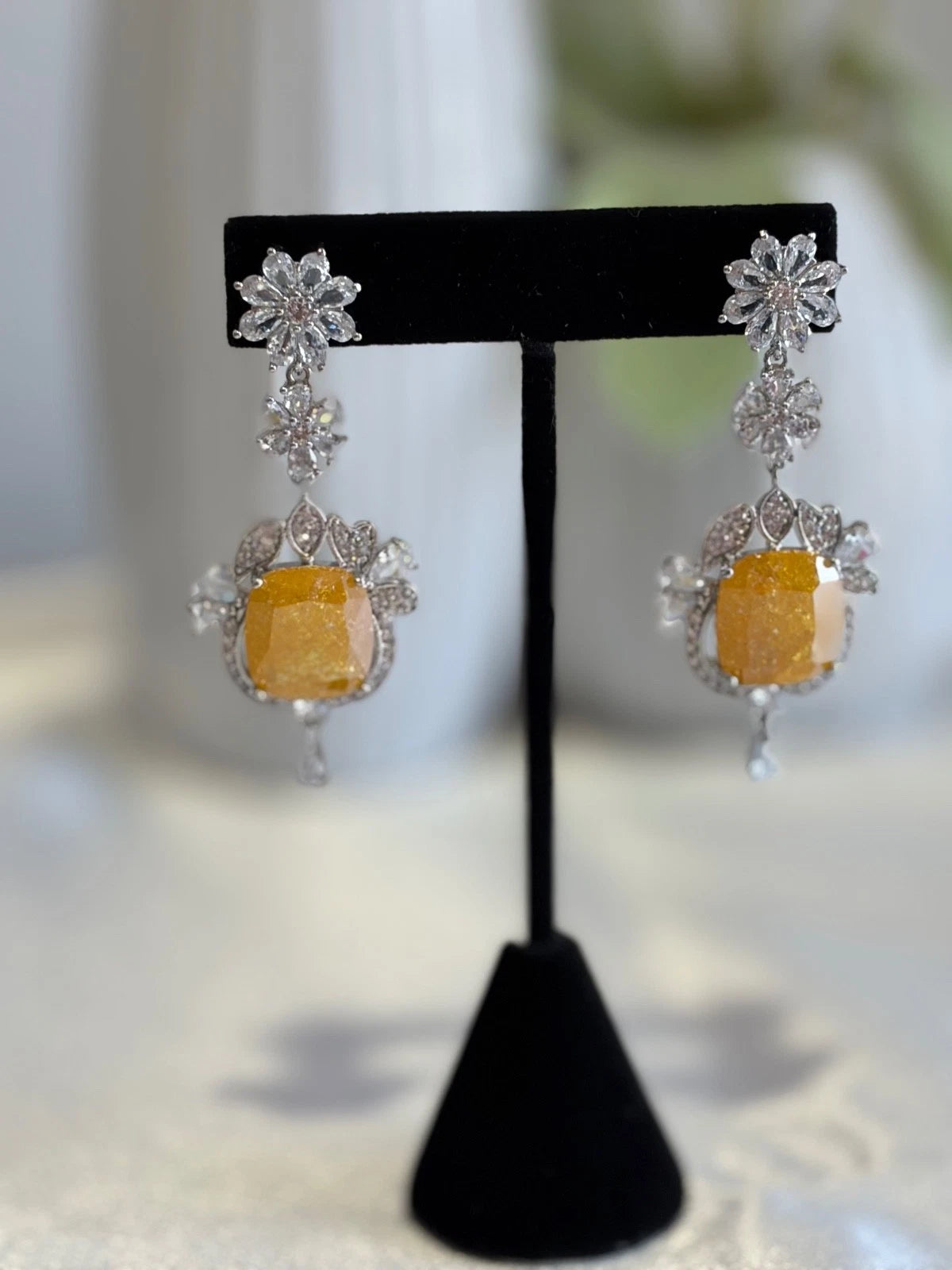 Yellow Stone CZ Silver Tone Drop Earrings Pakistani Indian Statement Jewelry
