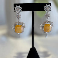 Yellow Stone CZ Silver Tone Drop Earrings Pakistani Indian Statement Jewelry