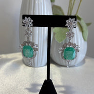 Mint Green CZ Silver Tone Drop Earrings Pakistani Indian Statement Jewelry