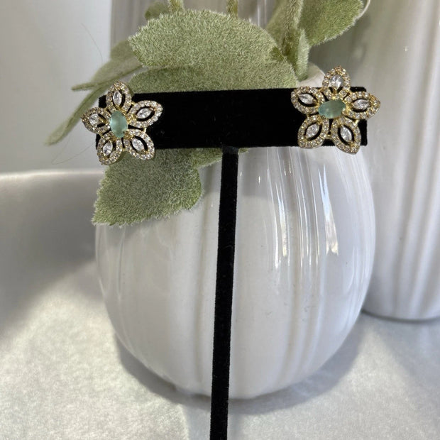 Mint Green CZ Flower Stud Earrings Gold Tone Party Jewelry