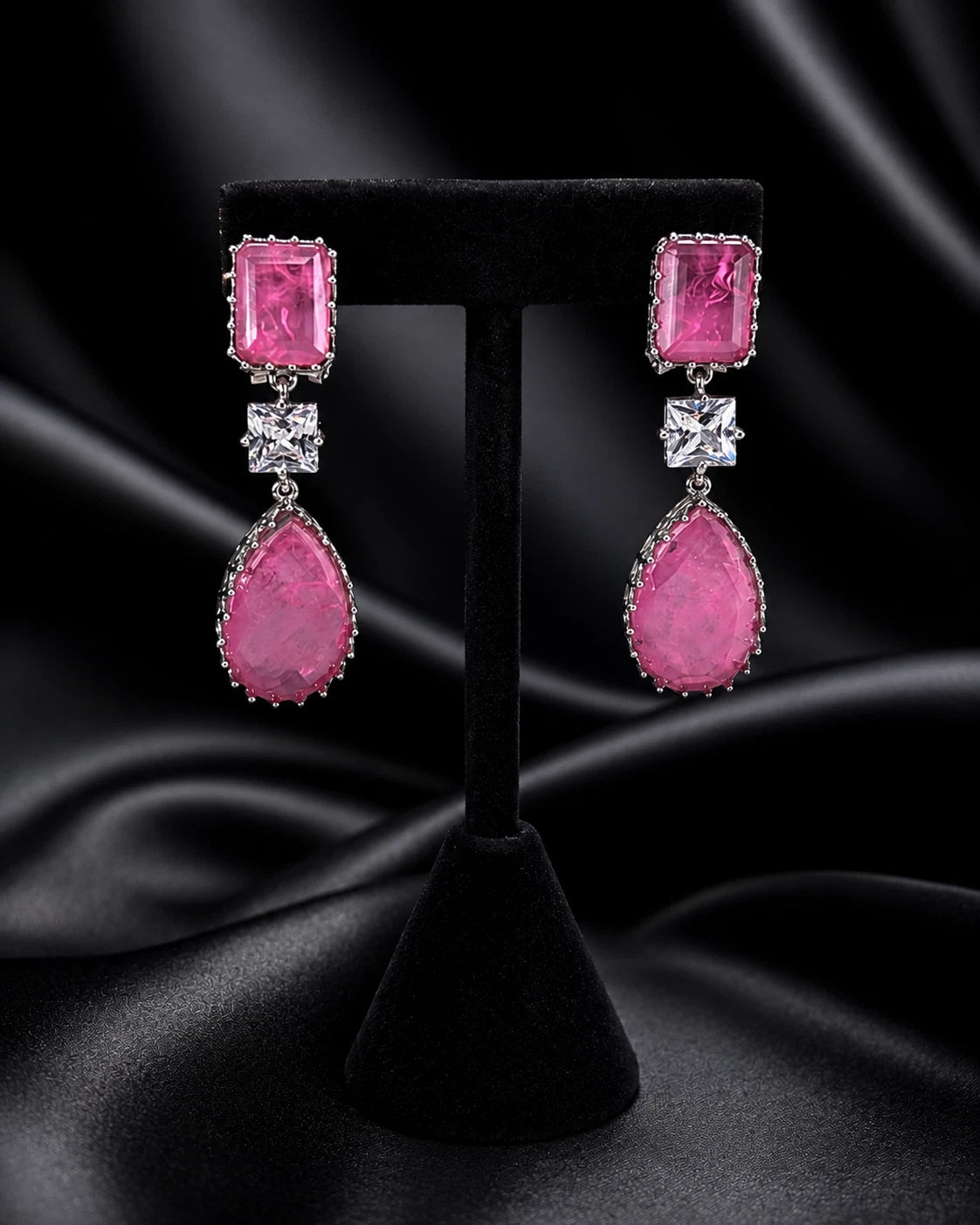 Pink CZ Silver Tone Drop Earrings Indian Pakistani Statement Jewelry