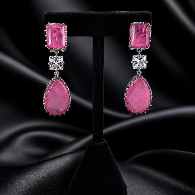 Pink CZ Silver Tone Drop Earrings Indian Pakistani Statement Jewelry