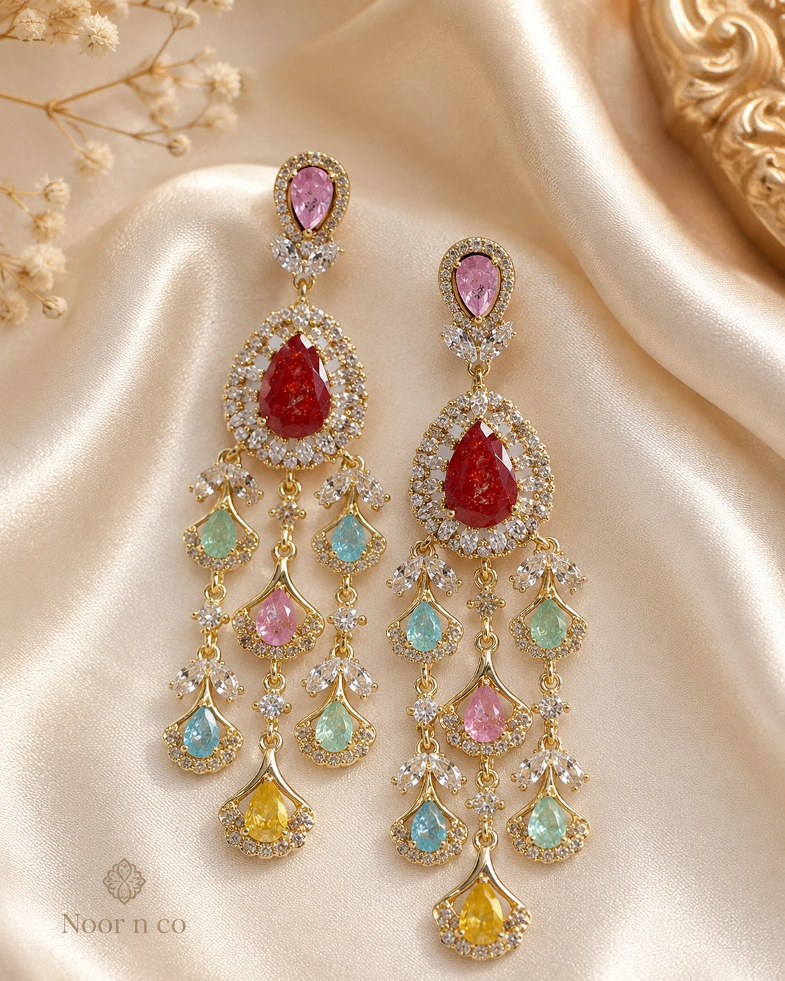 Multicolor CZ Gold Tone Chandelier Earrings Pakistani Indian Bridal Jewelry