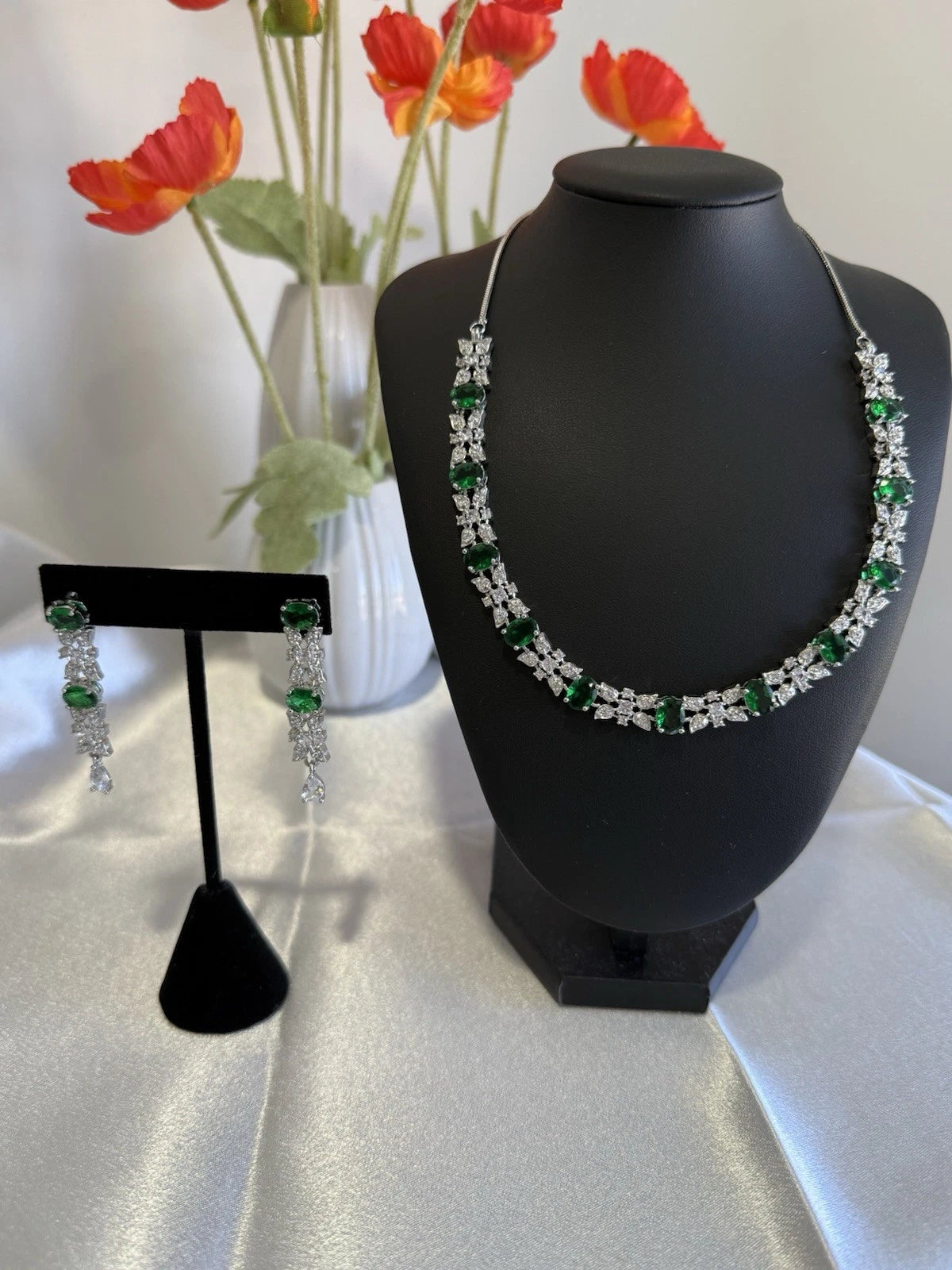 Emerald Green CZ Necklace & Earrings Set Silver Tone Wedding Jewelry