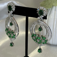 Emerald Green CZ Chandbali Earrings Silver Tone Pakistani Jewelry