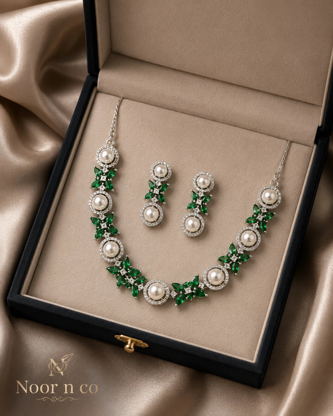 Emerald Green Pearl CZ Silver Tone Necklace Earrings Set