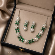 Emerald Green Pearl CZ Silver Tone Necklace Earrings Set