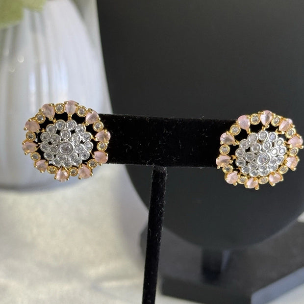 Baby Pink CZ Floral Stud Earrings Gold Tone Party Jewelry